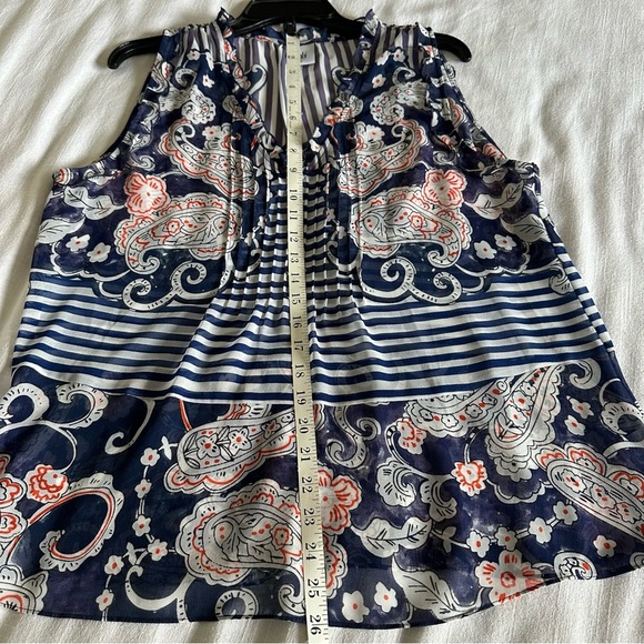 Cabi #5349 Navy Floral Paisley Peplum Striped Sheer Ruffle Pleated Top Sz S Boho - Picture 5 of 9